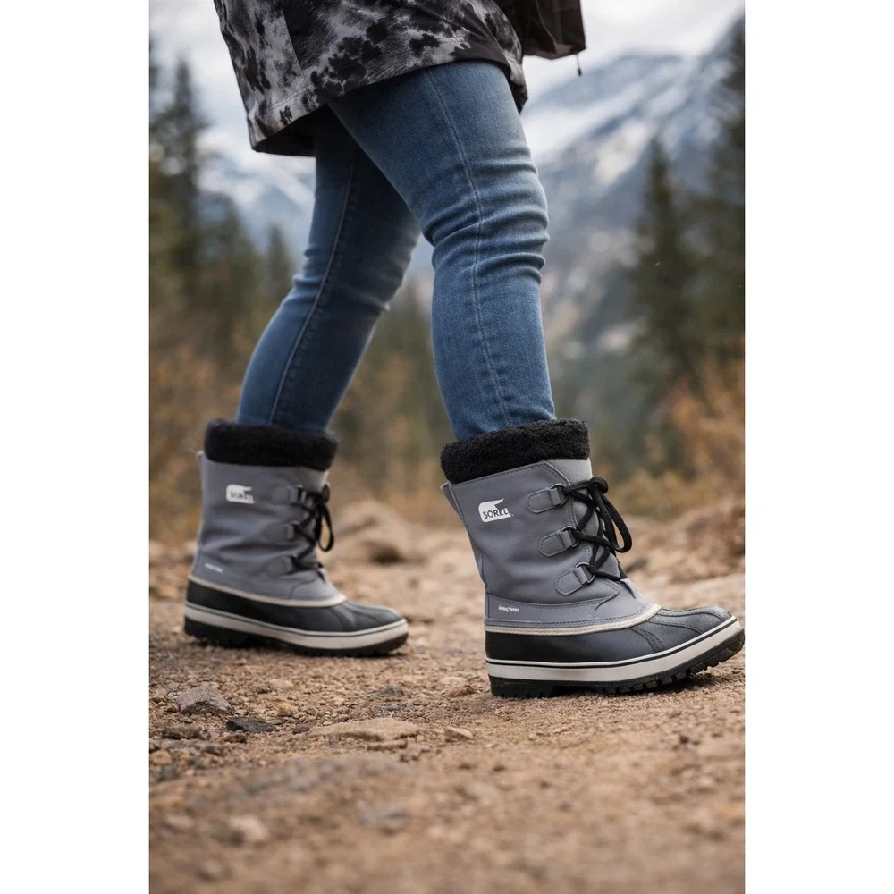 Sorel Caribou Waterproof Shearling Lined Women 7 Black/Gray Hiking Boot 1963-053